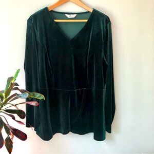 Green Velvet Long Sleeve Blouse with Peplum Tulip Hem. New without tag.